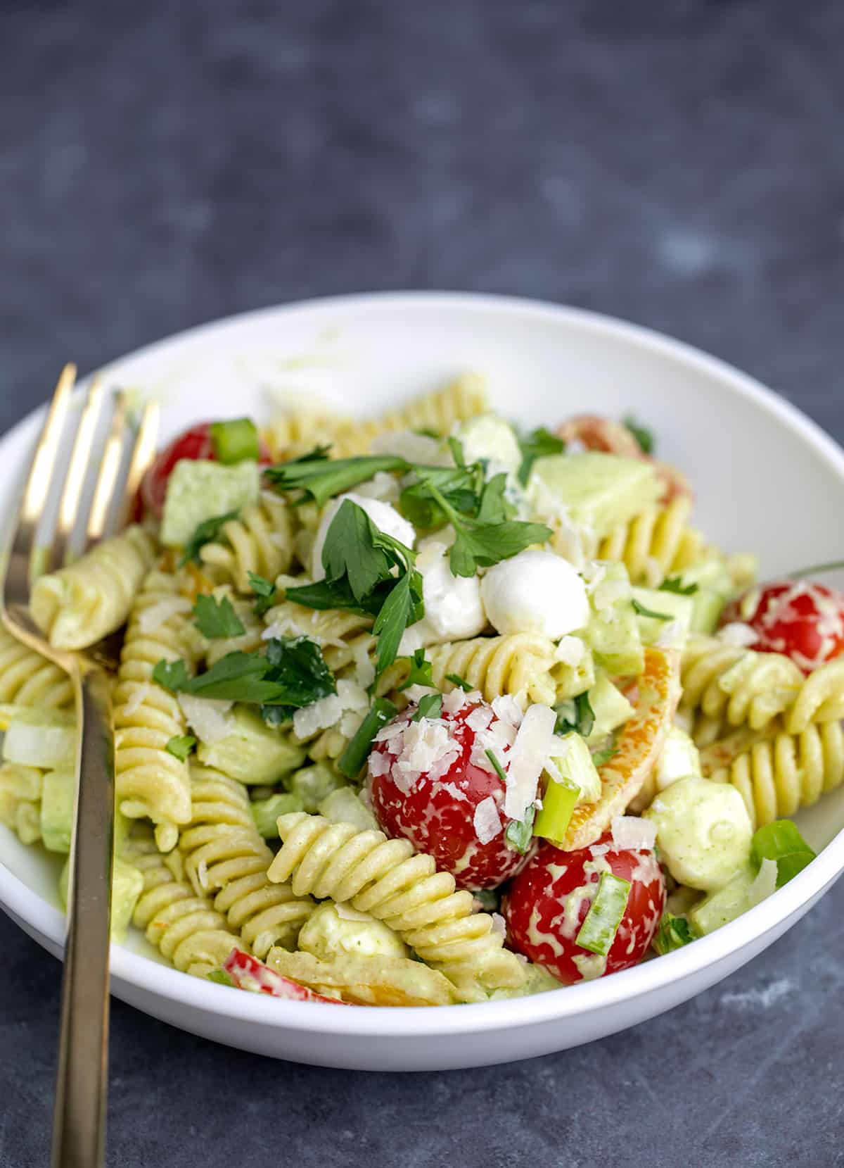 gluten free pasta salad recipes - 1-Classic Gluten Free Pasta Salad-Fusilli-pasta-salad-in-white-bowl-with-fork-on-gray-surface
